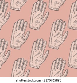 Football glove sketch seamless pattern. Vintage element of goalkeeper in hand drawn style. Engraved texture for fabric, wallpaper, textile, print, title, wrapping paper. Vector illustration.