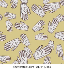 Football glove sketch seamless pattern. Vintage element of goalkeeper in hand drawn style. Engraved texture for fabric, wallpaper, textile, print, title, wrapping paper. Vector illustration.