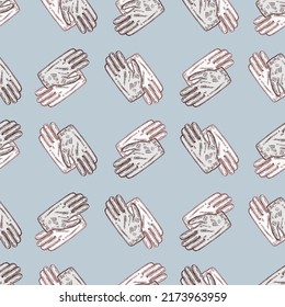 Football glove sketch seamless pattern. Vintage element of goalkeeper in hand drawn style. Engraved texture for fabric, wallpaper, textile, print, title, wrapping paper. Vector illustration.