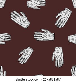 Football glove sketch seamless pattern. Vintage element of goalkeeper in hand drawn style. Engraved texture for fabric, wallpaper, textile, print, title, wrapping paper. Vector illustration.