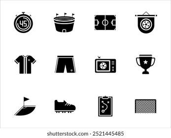 Football Glyph Icons set. Vector illustration with glyph style consists of, jersey, trophy, football field and more