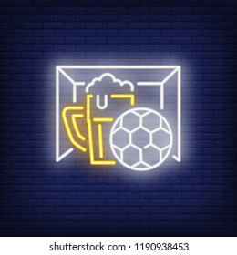 Football, goal and beer mug neon sign. Soccer, sports pub and advertisement design. Night bright neon sign, colorful billboard, light banner. Vector illustration in neon style.