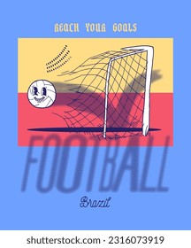 Football goal. Cute soccer ball character flying through the gate net. Soccer vintage typography silkscreen t-shirt print vector illustration.