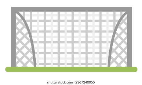 Football goal with net on field for players of soccer. Sports equipment for competitions and training. Physical education and improvement of skills, training and workout. Vector in flat style