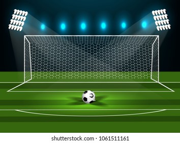 Football goal on a green field with a football. Vector