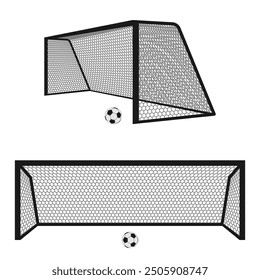 Puesto de gol de fútbol o poste de gol de fútbol con vista diferente. Ilustración vectorial aislada sobre fondo blanco.