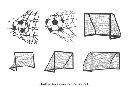 Football goal post vectors, Football goal net silhouette, Football net with ball vectors, Football net with ball silhouettes, Soccer net vector