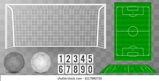 Football goal with shadow isolated on a transparent background. Football field or soccer field background. Vector green court for create game.