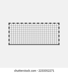 Football goal with two vertical posts and net. Sports equipment. Front view close-up. Racks connected at top by horizontal crossbar. Template for sports, competitions, championships and football.