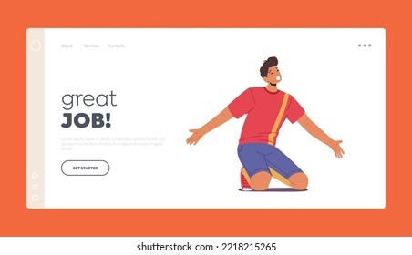 Football Goal or Win Landing Page Template. Happy Man Soccer Player Stand on Knees and Happily Yelling. Sportsman Celebrating Victory, Character In Sportswear. Cartoon People Vector Illustration