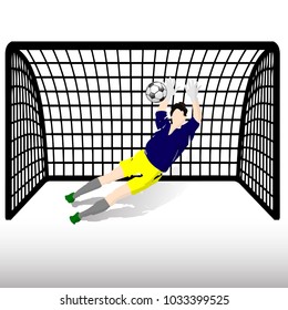 Football goalkeeper in blue T-shirt and yellow shorts catches the ball, at the gate, silhouette-cartoon on white background, vector