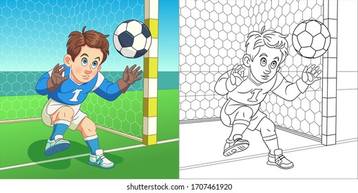 Football goalkeeper, boy trying to catch a ball. Coloring page and colorful clipart character. Cartoon design for t shirt print, icon, logo, label, patch or sticker. Vector illustration.