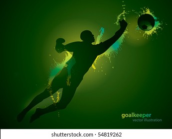 The football goalkeeper catches a ball on the dark background. Vector illustration.