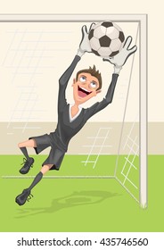 Football goalkeeper catches ball. Penalty kick in soccer. Vector cartoon illustration