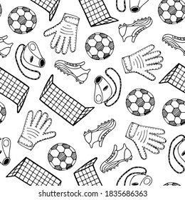 Football goalkeeper doodle seamless pattern. Hand drawn texture. Stock vector illustration.