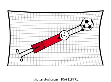 Football goalkeeper at the gate in a ball jump. Symbolical cartoon figure.