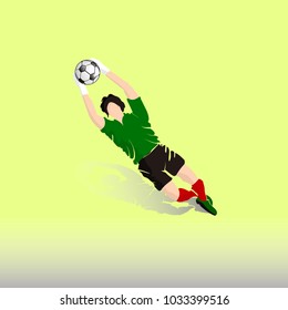 Football goalkeeper in green T-shirt catches ball, silhouette-cartoon on light yellow background, vector