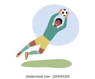 Football goalkeeper isolated. Soccer goalie player jumping and catсhing ball. Flat vector illustration of african american man playing football. 