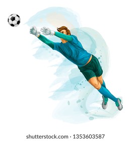 Football goalkeeper jumps for the ball. Splash of watercolors. Vector realistic illustration of paints