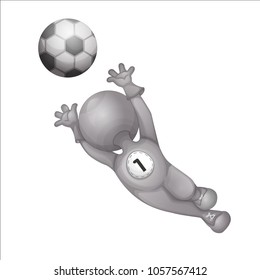 The football goalkeeper jumps perfectly to catch the ball. A imitation three d person without face. A steel silver man. Vector illustration. Character isolated