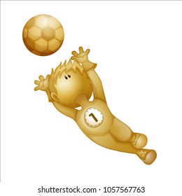 The football goalkeeper jumps perfectly to catch the ball. A imitation three d person. A steel gold man. Vector illustration. Character isolated