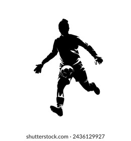 Football goalkeeper kicking ball, isolated vector silhouette. Woman playing soccer