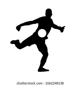 Football goalkeeper kicking off ball, soccer player vector silhouette