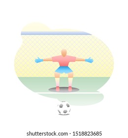 Football goalkeeper stands at the goal with a net in a half-sitting position with his arms apart to hit the penalty kick with the ball. Sport illustration in halftone.