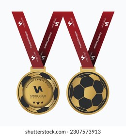 medalla de oro de fútbol con diseño vectorial de cinta roja