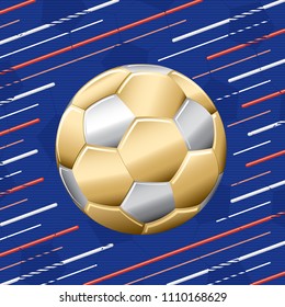 Football Gold and Silver Ball in Front of Repeating Lines Blank Square Template - Golden Red and White on Blue Soccer Ball Texture Background - Vector Mixed Graphic Design