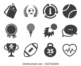 Football, golf and baseball signs. Discount offer tag, chat, info icon. Sport games, fitness icons. Heartbeat, rugby and laurel wreath symbols. Classic style signs set. Vector