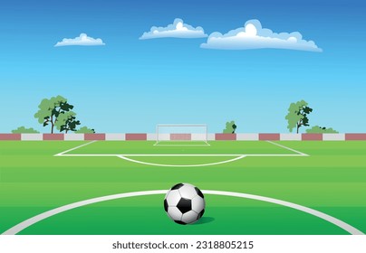 Football grass field with ball outdoors. Vector art illustration