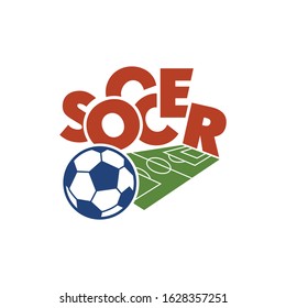 Football green field, ball and inscription Soccer. Brochure design template, card, banner. Vector illustration of a print for printing. Football theme, sports match, competitions. Flat design.