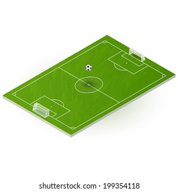 Football green grass field with goalposts and ball. Isometric vector illustration.