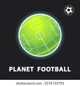 Football green planet on the black background. Ball as a moon. Soccer stadium Logo. Vector illustration