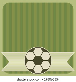 Football greeting card. Green striped background and game ball. Vector illustration.