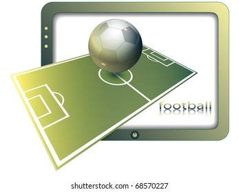 Football ground and ball against the screen of the modern TV