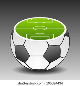 Football ground placed on soccer ball, vector illustration