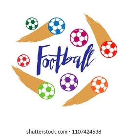 Football hand drawn lettering and flying ball with splashes for a football cup 2018, soccer championship. For card, poster, banner, flyer, logo, icon.