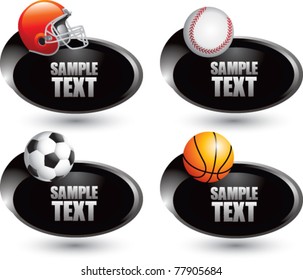 Football helmet, baseball, soccer ball, and basketball in a silver swoosh banner