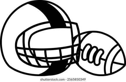 A football helmet and football are shown in a black and white drawing. The helmet is positioned above the football, and the two are placed on a white background. Concept of sportsmanship and teamwork