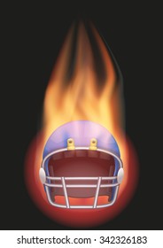 Football helmet with a tail of flame. Front view. Vector illustration Isolated on background. 
