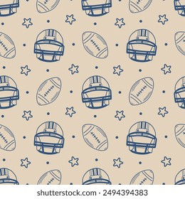 Football Helmets and Balls Line Art Doodles on Beige Seamless Pattern Design