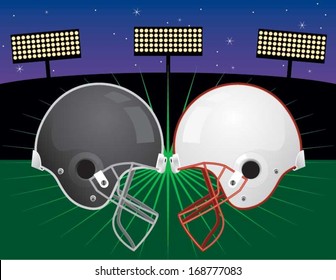 Football helmets face off.