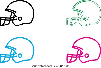 Football helmets, minimalist line art, four colors, black green blue pink, side view, simple geometric shapes, sports equipment illustration, clean vector style, graphic design elements, symmetrical 