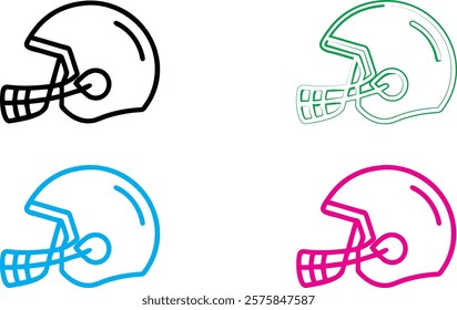 Football helmets, minimalist line art, four colors, black green blue pink, side view, simple geometric shapes, sports equipment illustration, clean vector style, graphic design elements, symmetrical 