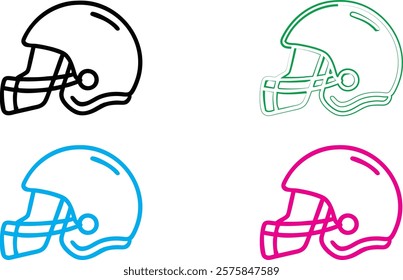 Football helmets, minimalist line art, four colors, black green blue pink, side view, simple geometric shapes, sports equipment illustration, clean vector style, graphic design elements, symmetrical 