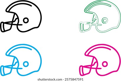 Football helmets, minimalist line art, four colors, black green blue pink, side view, simple geometric shapes, sports equipment illustration, clean vector style, graphic design elements, symmetrical 