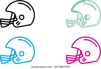 Football helmets, minimalist line art, four colors, black green blue pink, side view, simple geometric shapes, sports equipment illustration, clean vector style, graphic design elements, symmetrical 