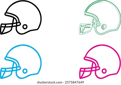 Football helmets, minimalist line art, four colors, black green blue pink, side view, simple geometric shapes, sports equipment illustration, clean vector style, graphic design elements, symmetrical c